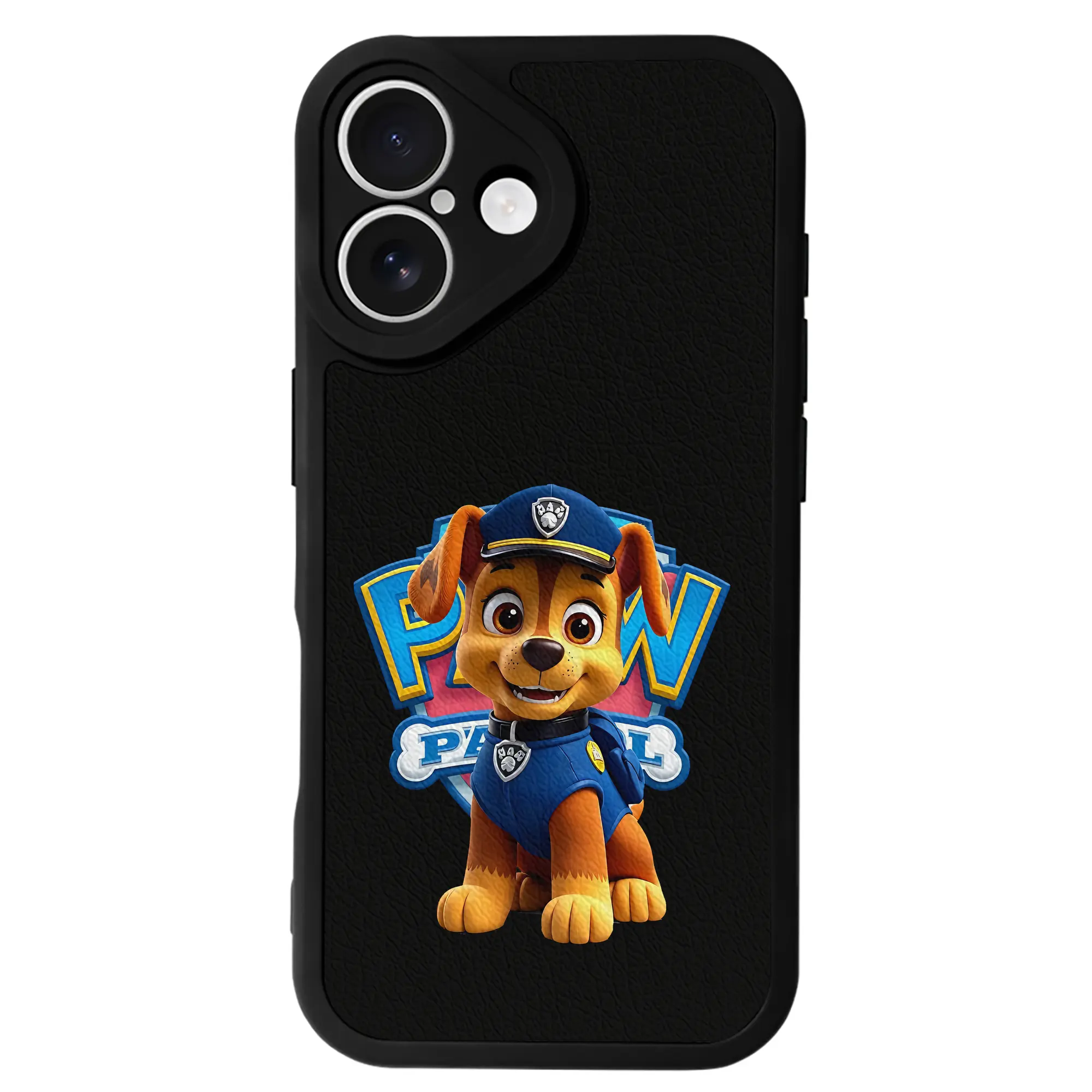 パウ・パトロール グッズ チェイス - IPhone 16シリーズ対応 ・ シリコンスマホケース ・ レザー調 ・ 高精度フィット ・ 耐衝撃 ・ ワイヤレス充電対応 ・ 精密カット